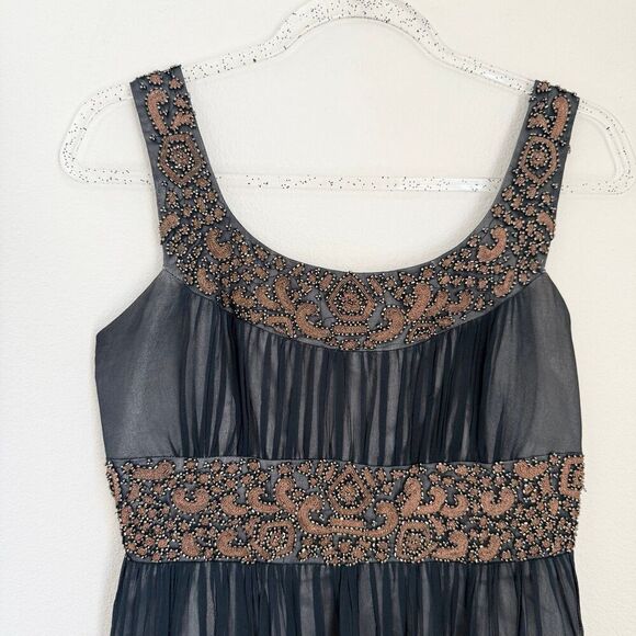 Adrianna Papell Navy Silk Pleated Babydoll Beaded Whimsigoth Grunge Prom Gown 6 - Picture 2 of 13